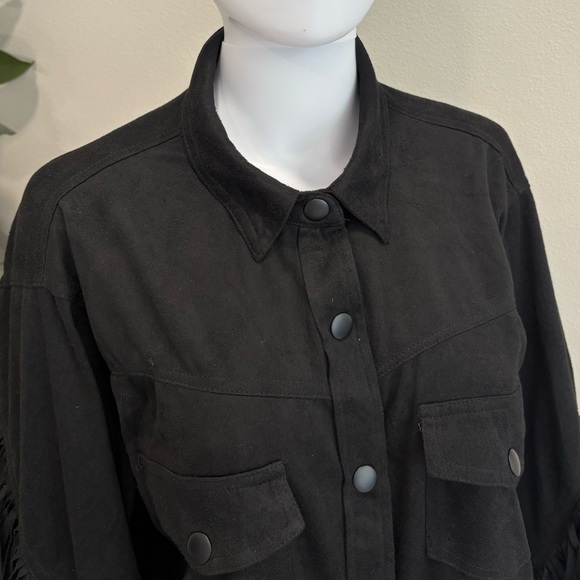 KORI Black Faux Suede Western Fringe Snap Shirt Jacket Womens Size Large Shacket - Picture 3 of 13